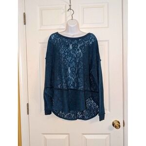 Free People Blue Lace Tunic Top XS Oversized Boho Sheer Long Sleeve High Low
